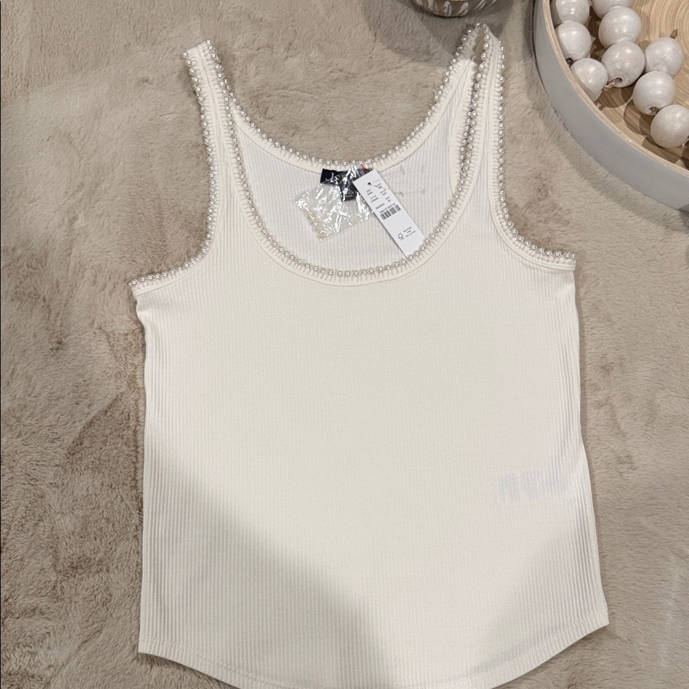 J. Crew Ivory Tank Top with Pearl Trim